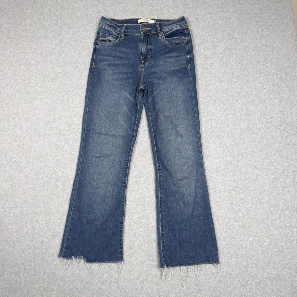 HIDDEN Los Angeles Women 26 Blue Mid Wash Cropped Flare Jeans Distressed Raw Hem